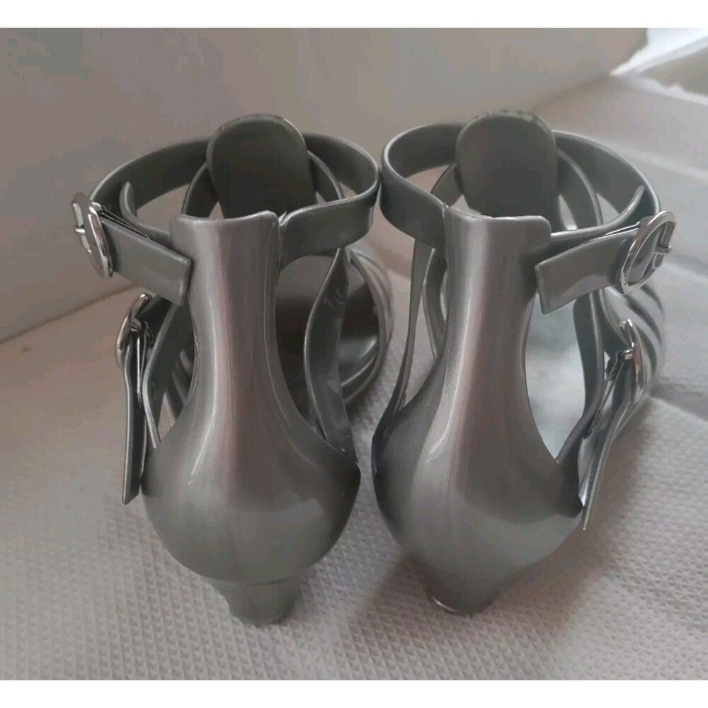 Melissa Liberty Jelly Strappy Silver Sandals Slight Wedged Heel US Sz 7/ EU 38 - Picture 4 of 14